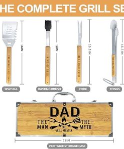 Fathers Day Dad Gifts from Daughter Heavy Duty Wooden BBQ Grilling Accessories Kit for Backyard, Thick Stainless Steel Grill Utensils with Non-Slip Handle Tools in Portable Bag Birthday 2