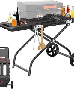 QuliMetal Portable Grill Cart for 17" & 22" Blackstone Griddles and Weber Q1000, Q1200, Q2000, Q2200 Series Grills - Durable, Foldable Cart Table with Wheels Hooks，BBQ Prep Table with Seasoning Tray