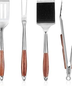 FJNATINH Heavy-Duty Grilling Accessories Rose Wooden BBQ Grilling Tools Set,Outdoor Grill Set with Spatula, Fork, Brush & Tongs,Essential Accessories for Barbecue & Grill. Ideal Gift for Men