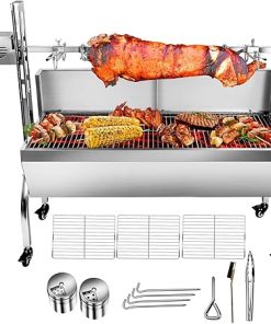 176LBS Stainless Steel Rotisserie Grill with Back Cover Guard, 25W Motor Small Pig Lamb Rotisserie Roaster, 48.7'' 2 in 1 BBQ Charcoal Grill for Camping Outdoor Kitchen