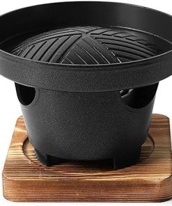 Mini Japanese Style BBQ Grill Portable Tabletop ​Barbecue Stove ​with Wooden Base Suitable Household Barbecue Tools Accessories for Indoor Outdoor
