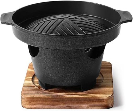 Mini Japanese Style BBQ Grill Portable Tabletop ​Barbecue Stove ​with Wooden Base Suitable Household Barbecue Tools Accessories for Indoor Outdoor