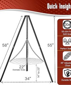 FEBTECH- 55″ Steel campfire Grill Grate Over Fire Pit with tripod stand – Tripod grilling Set – Tripod Grill For Campfire – Camping accessories For BBQ grill cooking – Camping Charcoal Grills Grate 2