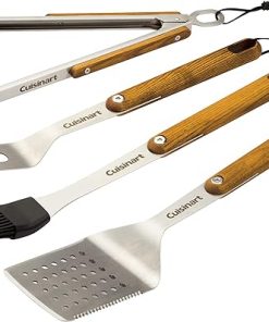 Cuisinart CGS-1100 (Spatula, Locking Tongs, Fork, Basting Brush) 4-Piece Grill Tool Set, Ash Wood Handle