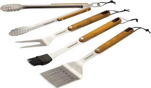 Cuisinart CGS-1100 (Spatula, Locking Tongs, Fork, Basting Brush) 4-Piece Grill Tool Set, Ash Wood Handle