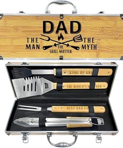 Fathers Day Dad Gifts from Daughter Heavy Duty Wooden BBQ Grilling Accessories Kit for Backyard, Thick Stainless Steel Grill Utensils with Non-Slip Handle Tools in Portable Bag Birthday