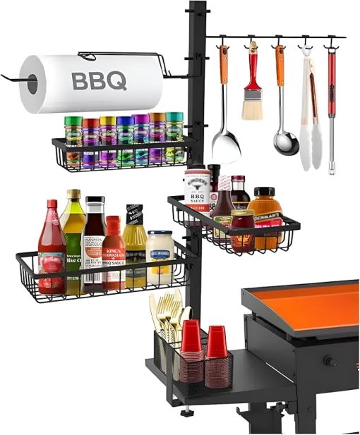 BBQ Grill Storage Organizer Griddle Caddy for Blackstone Griddle Accessories, BBQ Blackstone Accessories Storage Rack with Paper Towel Holder Outdoor Kitchen Accessories (5rd floor)