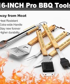 Fathers Day Dad Gifts from Daughter Son, Grilling Gift Heavy Duty Wooden BBQ Grilling Accessories Kit for Backyard, Thick Stainless Steel Grill Utensils with Non-Slip Handle Tools in Portable Bag 2