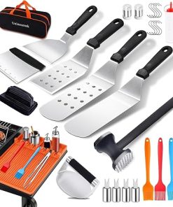 Griddle Accessories Kit for Blackstone, Flat Top Grill Tools with Smash Burger Press, Orange Silicone Grill Mat, Dual-side Meat Tenderizer Hammer, Griddle Spatula Set for Outdoor Camping BBQ