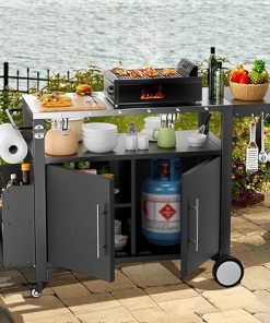 ROOMTEC Outdoor Grill Cart with Storage,Patio Kitchen Island with WheelsHooks and Spice Rack,Waterproof Outdoor Grill Table,Movable BBQ Serving Cart Rolling Bar Cart for Home Party Bar 2