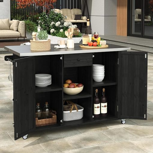 Outdoor Kitchen Island with Stainless Steel Top, Fir Wood Grill Cart with Foldable Countertop, Movable Prep Table with Lockable Wheels & Storage for BBQ Backyard, Patio, Black - Image 2