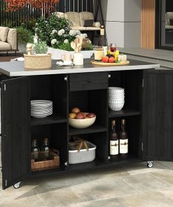Outdoor Kitchen Island with Stainless Steel Top, Fir Wood Grill Cart with Foldable Countertop, Movable Prep Table with Lockable Wheels & Storage for BBQ Backyard, Patio, Black