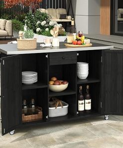 Outdoor Kitchen Island Grill Cart – Solid Fir Wood Cabinet with Stainless Steel Tabletop, Ample Storage, Towel & Spice Racks, Bottle Opener, and Wheels for Easy Grilling (Black) 2