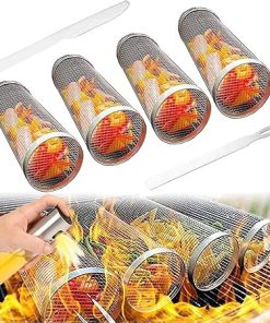 Rolling Grill Basket Ever,BBQ Net Tube,Round Stainless Steel Outdoor Grilling Mesh Accessories Cooking Barbecuers Tools Set Camping Barbecue Rack for Vegetables, French Fries, Fish (4pcs 11.8inch)