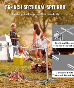 VEVOR 56-Inch Splicable Rotisserie Grill Kit, 132 lbs Sectional Spit Rod with Automatic 52W Motor & Heat Shield, Height Adjustable Spit Roaster Stand for Roasting Pig Lamb, Stainless Steel Grill 2