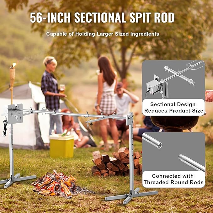 VEVOR 56-Inch Splicable Rotisserie Grill Kit, 132 lbs Sectional Spit Rod with Automatic 52W Motor & Heat Shield, Height Adjustable Spit Roaster Stand for Roasting Pig Lamb, Stainless Steel Grill 2 VEVOR 56-Inch Splicable Rotisserie Grill Kit, 132 lbs Sectional Spit Rod with Automatic 52W Motor & Heat Shield, Height Adjustable Spit Roaster Stand for Roasting Pig Lamb, Stainless Steel Grill - Image 2
