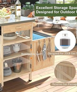 40.5″ Outdoor Grill Cart with Stainless Steel Top, Foldable Fir Wood Kitchen Island with Drop Leaf, Storage Drawer, Cabinet, Spice Rack & Lockable Wheels for Backyard BBQ, Natural 2