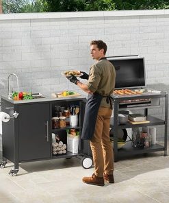 Outdoor Grill Table with Sink, 304 Stainless Steel Portable Grill Tables, Frying Table with Wheels and Storage Cabinet, Outdoor Cooking Tables, 38x18x35 Inches, Grill Cart for Backyard 2