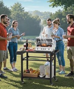 Outdoor Grill Cart for Blackstone Griddle & Pizza Oven, 41″ L x 20″ W BBQ Prep Table with Seasoning Tray, Tool Hooks, Handrail & Wheels, Heavy-Duty Portable Cooking Cart for Camping 2