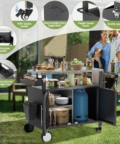 Outdoor Grill Cart with Patio Furniture, Outdoor Grill Table with Storage,Rolling Bar Cart Outdoor BBQ Cart with Hooks and Spice Rack for Grilling Accessories(Double Door, Black) 2