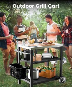 3-Shelf Grill Cart 20″ x 32″ Rolling Outdoor Dining Table Movable Pizza Oven Table with Stainless Steel Top for Kitchen Food Prep Worktable on Wheels 2