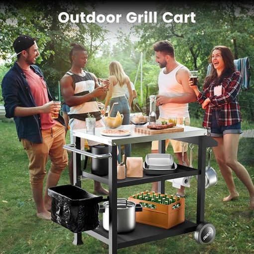 3-Shelf Grill Cart 20" x 32" Rolling Outdoor Dining Table Movable Pizza Oven Table with Stainless Steel Top for Kitchen Food Prep Worktable on Wheels - Image 2