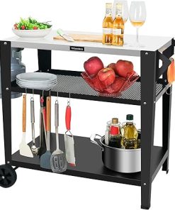 Outdoor Grill Cart with 3-Shelf，34" L x 20" W Stainless Steel Tabletop, Outdoor Garden Patio BBQ Kitchen Food Prep Table Cart,Hooks, Side Handle, Multifunctional (Silver)