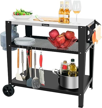Outdoor Grill Cart with 3-Shelf,34″ L x 20″ W Stainless Steel Tabletop, Outdoor Garden Patio BBQ Kitchen Food Prep Table Cart,Hooks, Side Handle, Multifunctional (Silver) Outdoor Grill Cart with 3-Shelf,34" L x 20" W Stainless Steel Tabletop, Outdoor Garden Patio BBQ Kitchen Food Prep Table Cart,Hooks, Side Handle, Multifunctional (Silver)