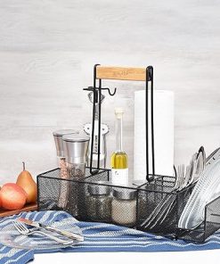 OMAIA BBQ and Grill Caddy with Paper Towel Holder, Wood Handle & 2 Hooks – Camper Accessories Condiment Caddy – Plates, Cutlery and BBQ Organizer for Camping Outdoor, RV – US Patent Pending 2