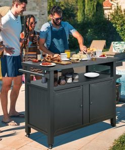 Grill Cart Outdoor with Storage Cabinet, Portable Rolling Patio Bar Cart with Wheels, BBQ Prep Table, Movable Stainless Steel Kitchen Island Dining Cart for Food/Drink/Cooking -Grey 2