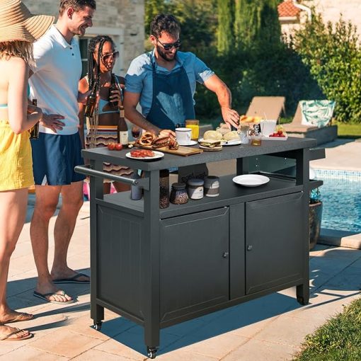 Grill Cart Outdoor with Storage Cabinet, Portable Rolling Patio Bar Cart with Wheels, BBQ Prep Table, Movable Stainless Steel Kitchen Island Dining Cart for Food/Drink/Cooking -Grey - Image 2
