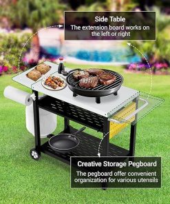 Outdoor Grill Cart with Pegboard, 3-Shelf Pizza Oven Table with Drawer, Stainless Steel Kitchen Dining Cart with Wheels, Food Prep Table Grill Stand for Outside BBQ Patio Backyard 2