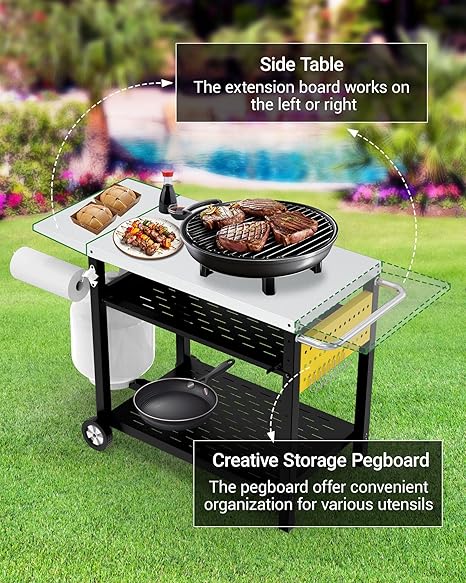 Outdoor Grill Cart with Pegboard, 3-Shelf Pizza Oven Table with Drawer, Stainless Steel Kitchen Dining Cart with Wheels, Food Prep Table Grill Stand for Outside BBQ Patio Backyard 2 Outdoor Grill Cart with Pegboard, 3-Shelf Pizza Oven Table with Drawer, Stainless Steel Kitchen Dining Cart with Wheels, Food Prep Table Grill Stand for Outside BBQ Patio Backyard - Image 2