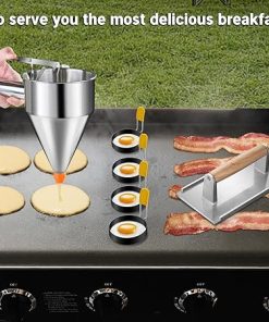 7 Pcs Griddle Breakfast Kit for Blackstone – Pancake Batter Dispenser for Griddle, Grill Press for Bacon, 4 Egg Rings/Pancake Molds, Basting Brush Compatible with Blackstone Griddles 2