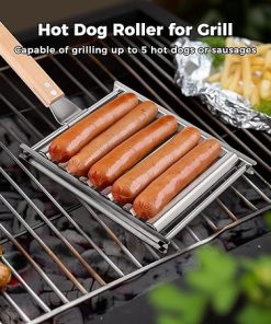 Roller Rack, Grill Roller for BBQ Hot Dog, Stainless Steel with Handle Wood, 2Pcs, Inch 5.5 X 6.5, Tools Roller Barbecue, Outdoor for Accessories Grilling 2