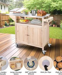 Outdoor Grill Table, Solid Wood Grill Cart with Storage, Outdoor Prep Table with Stainless Steel Top, XL BBQ Tables Cart, Movable Kitchen Island for Outside Backyard Patio, Natural Wood 2