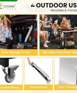Folding Grill Cart, Metal Pizza Oven Stand Table with 2 Total Lock Casters, 3 Shelf Foldable Kitchen Island Cart ，Stainless Steel Outdoor Rolling Cart with Wheels for Home Party, Bar, Camping（Black） 2