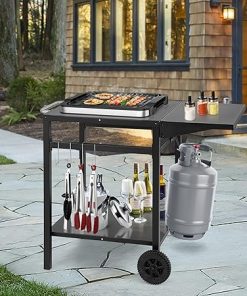 Giantex Outdoor Pizza Oven Stand Grill Cart with Wheels, Foldable Side Table, Gas Tank Hook, 4 Removable Hooks, Double-Shelf Movable Dining Cart Food Prep Worktable Trolley for Outside Kitchen BBQ 2
