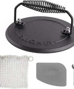 Cuisinel Round Grill Press + Chainmail + Pan Rack Organizer + Pan Scraper – Burger Smasher, Steak Weight with Cast Iron Storage and Cleaning Accessories 2
