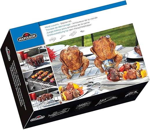 Napoleon BBQ Grill Accessory – Meat Lover’s – Starter Kit – 90001 – Stainless Steel Rib Rack, Stainless Steel Double Beer Can Chicken Roaster, 6-Stainless Steel Skewers, 4-Button BBQ Thermometers Napoleon BBQ Grill Accessory - Meat Lover's - Starter Kit - 90001 - Stainless Steel Rib Rack, Stainless Steel Double Beer Can Chicken Roaster, 6-Stainless Steel Skewers, 4-Button BBQ Thermometers