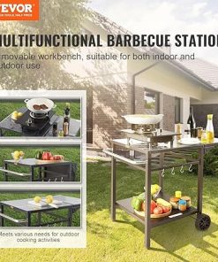FLEXIMOUNTS Outdoor BBQ Grill Cart with Double Shelf – Foldable Mobile Prep Table & Workstation, 2-Wheel Portable Design with Handle for Pizza Oven, Outdoor Cooking, Patio, Backyard (Iron Top) 2