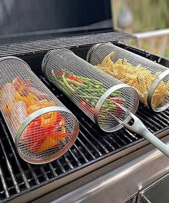 Portable Outdoor Camping Barbecue Rack, Rolling Grill Basket, for Vegetables,French Fries,Fish, Grill Cooking Accessories, Large + Small