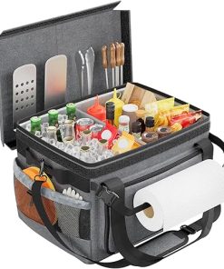 Large Grill Caddy with Lid, BBQ Caddy Foldable with Paper Towel Holder For Outdoor Picnic Camp Kitchen Accessory Storage, Ideal for Grill Enthusiast Easy Organizer Enhance Food Fresh, Black