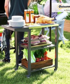 Outsunny Three-Shelf Outdoor Grill Cart Table with Foldable Side Table, Stainless Steel Tabletop, 22″ x 16.1″ Pizza Oven Stand with Hooks, Side Handle, Movable Food Prep Table on Wheels, Silver 2