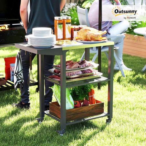 Outsunny Three-Shelf Outdoor Grill Cart Table with Foldable Side Table, Stainless Steel Tabletop, 22" x 16.1" Pizza Oven Stand with Hooks, Side Handle, Movable Food Prep Table on Wheels, Silver - Image 2
