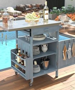 Merax Outdoor Grill Cart with Storage, Patio Kitchen Island Outdoor Grill Table with Lockable Wheels, BBQ Cart Movable Pizza Oven Table Stand with Foldable Tabletop, Blue+Grey
