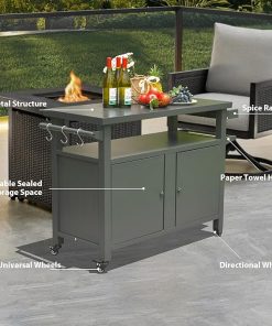 Grill Carts Outdoor Storage Cabinet with Wheels,Metal Outdoor Grill Table Kitchen Dining for Patio,Kitchen Island,Home Party,Gray 2