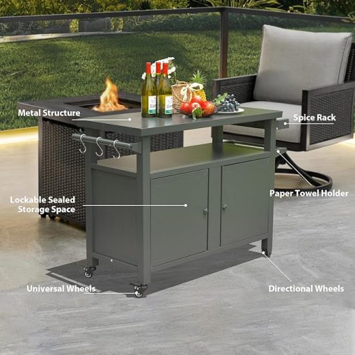 Grill Carts Outdoor Storage Cabinet with Wheels,Metal Outdoor Grill Table Kitchen Dining for Patio,Kitchen Island,Home Party,Gray - Image 2
