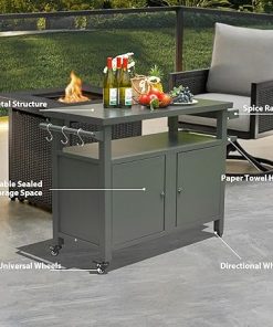 Grill Carts Outdoor Storage Cabinet with Wheels, Metal Outdoor Grill Table Kitchen Dining Table Cooking Prep BBQ Table for Patio, Kitchen Island, Home Party, Bar (Gray) 2