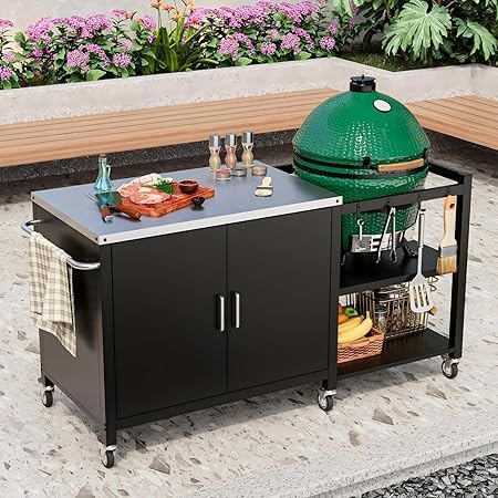 MOUMON Outdoor Grill Cart Table with Storage, 37” Stainless Steel Top, 4 Hooks, Metal Kitchen Storage Island with Wheels, Rolling Prep Station for BBQ, Black, 23.7”D x 60.8”W x 34.3”H MOUMON Outdoor Grill Cart Table with Storage, 37” Stainless Steel Top, 4 Hooks, Metal Kitchen Storage Island with Wheels, Rolling Prep Station for BBQ, Black, 23.7”D x 60.8”W x 34.3”H